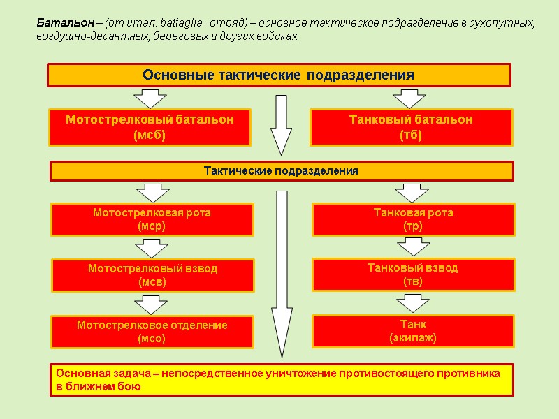 Мотострелковый батальон (мсб) Танковый батальон (тб) Основные тактические подразделения Мотострелковая рота  (мср) Танковая